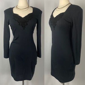Vtg Mini Dress Size 10 Black Solid Bodycon Long Sleeve Lace Party Going Out 90s